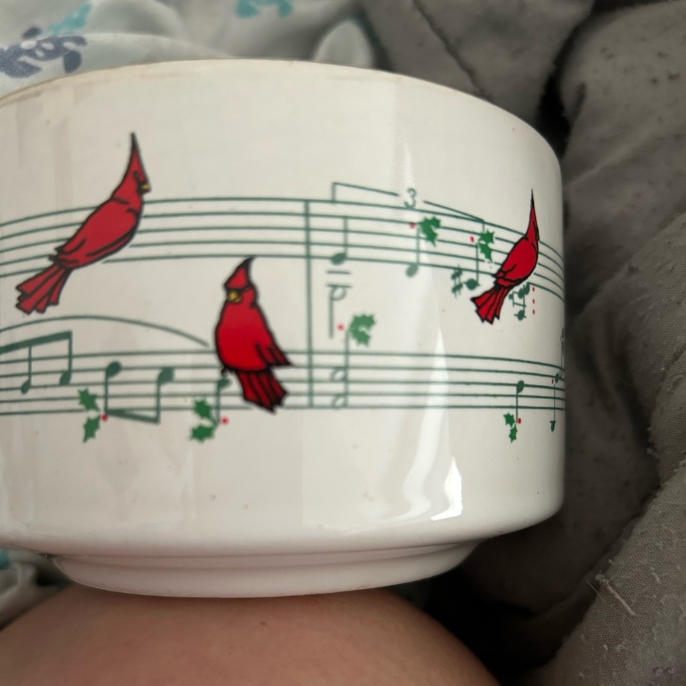 Christmas, Ceramic Napco Bowl with red jay birds and musical symbols